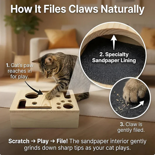 Cat Nail Filing Box | Wood Puzzle, No Clippers